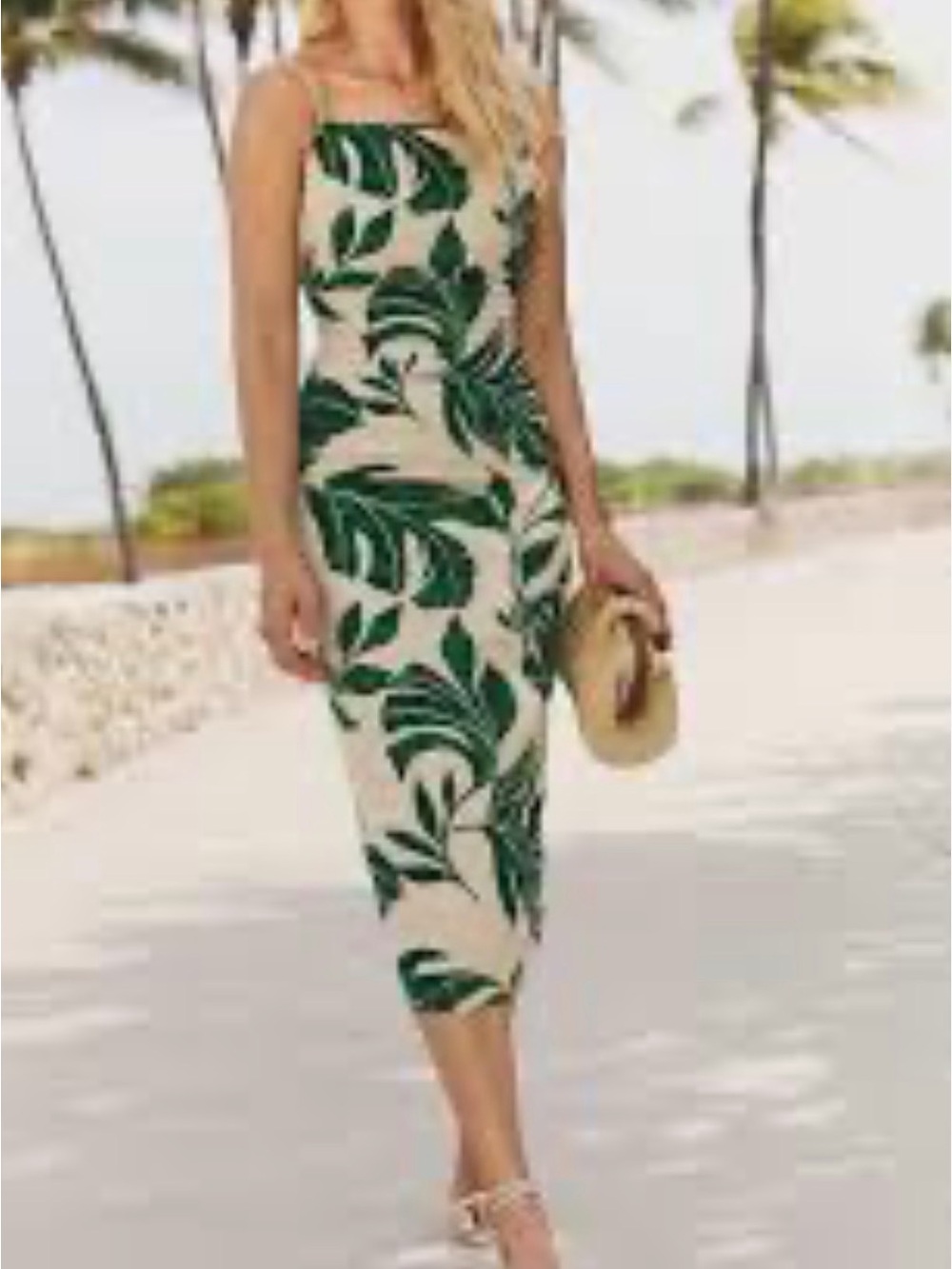 Express Cream Midi Dress with Green Tropical Leaf Print